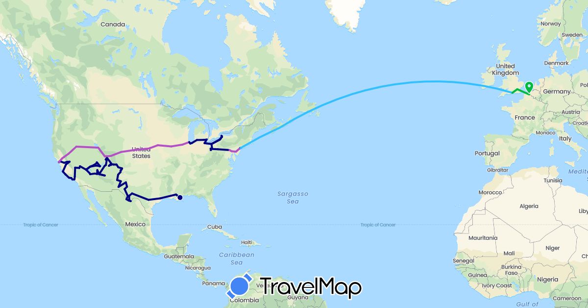 TravelMap itinerary: driving, bus, train, boat in Canada, France, United Kingdom, United States (Europe, North America)