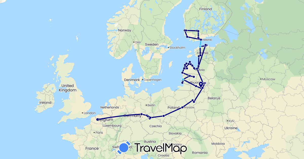 TravelMap itinerary: driving, boat in Czech Republic, Germany, Estonia, Finland, France, Lithuania, Latvia, Poland (Europe)